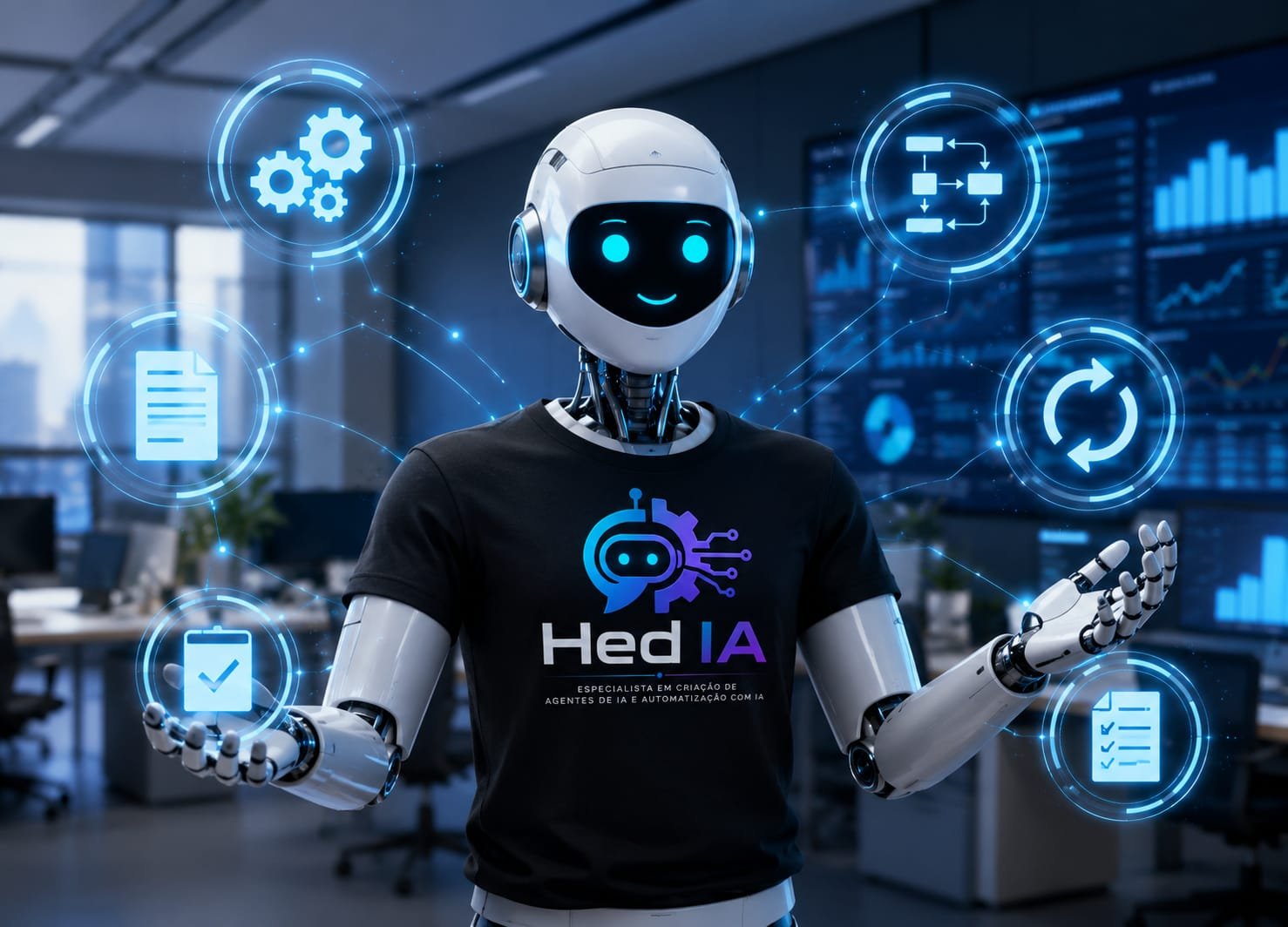 Robô HedIA apresentando soluções de automação